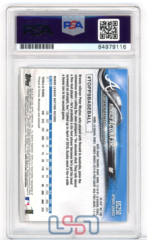 Ronald Acuña Jr. Braves Firmado "Debut MLB" 2018 Topps #US250 PSA/DNA 10 Automático Foto 2 de 2
