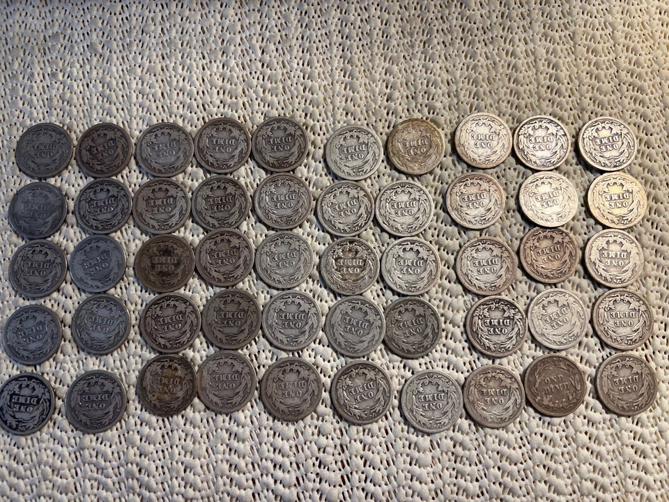 Barber Silver Dimes Roll of 50 FULL DATE Barber SILVER Dimes 18921916