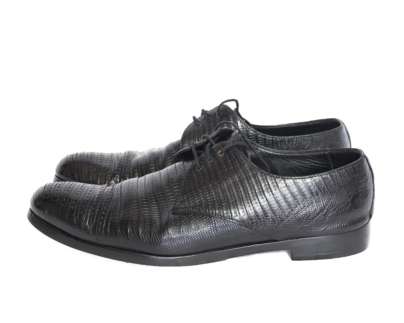 Oxford stringate PRADA fatte a mano nere vera lucertola esotiche da uomo taglia US 11