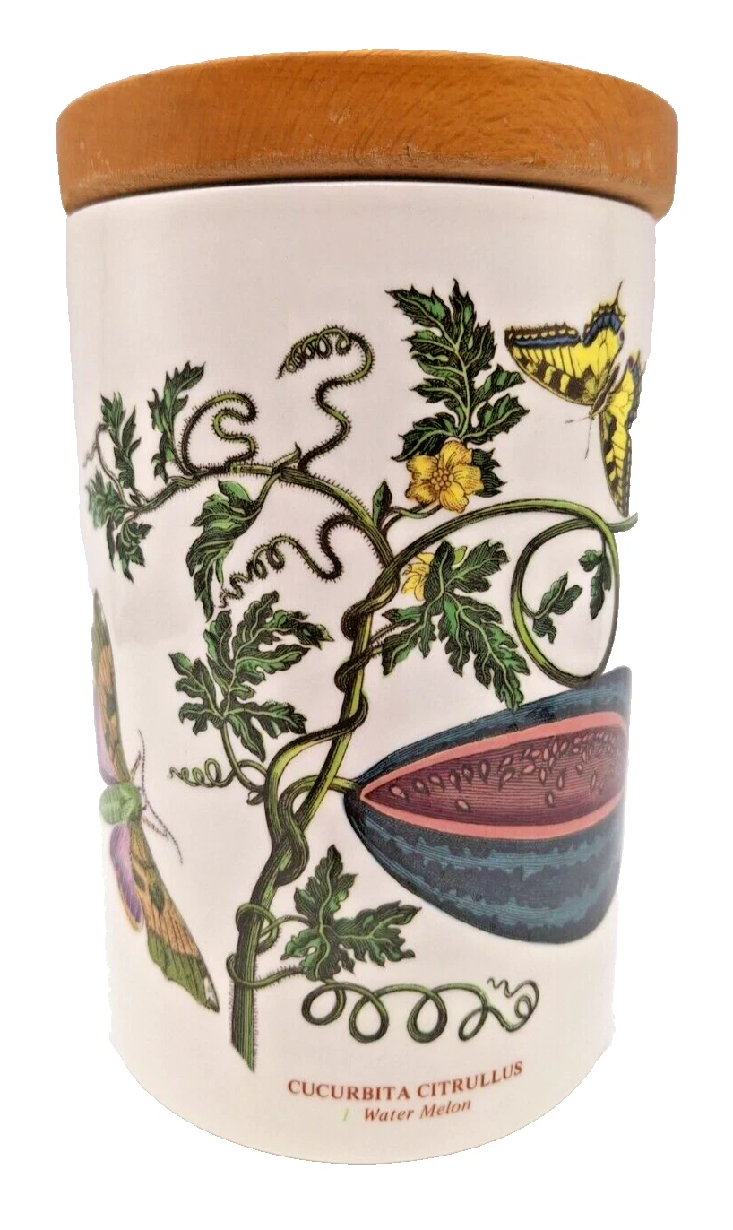 Portmeirion Botanic Garden Watermelon Canister W/ Wood Lid 7" Butterflies