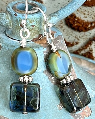Silver and Blue Green Marbled Picasso Czech Glass Bead Earrings.