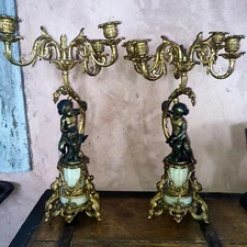 Paire de chandelier en bronze et marbre Cherubin XIX ème à restaurer , putti