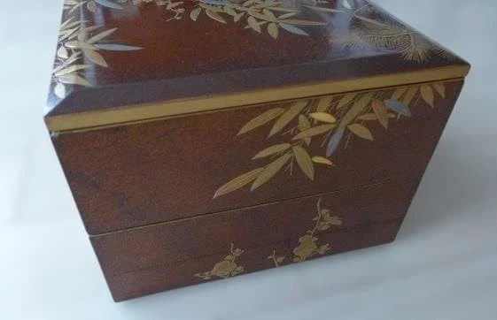 Jubako Bento Box Japanese Gold leaf decoration bamboo pattern lacquer 2tiered bo