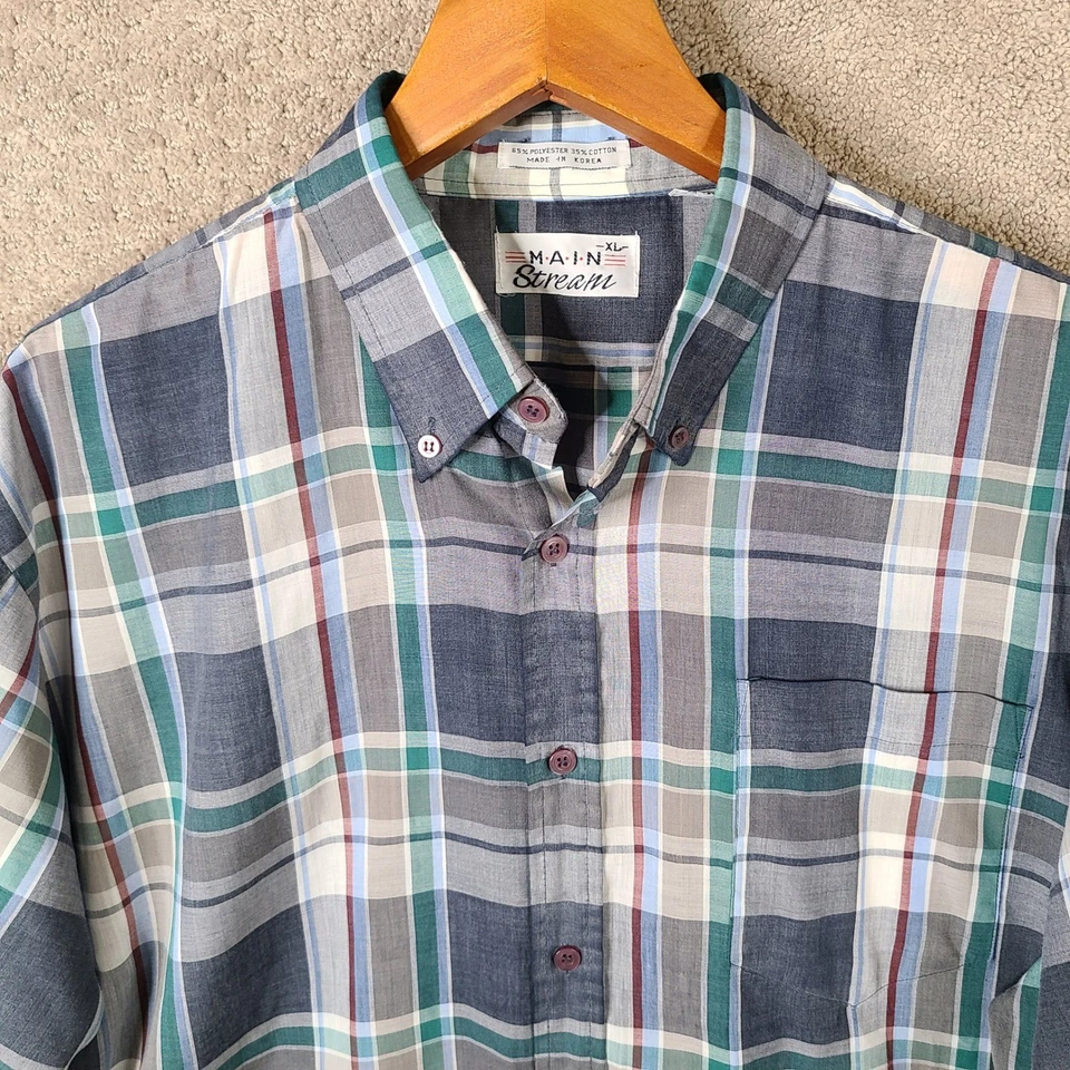 Винтажная мужская рубашка Main Stream XL серая синяя клетчатая с коротким рукавом на пуговицах классическая - Изображение 2 из 4