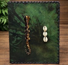 Handmade Leather Journal Cover 7x9 Green Boho Shell Tribal Notebook Diary