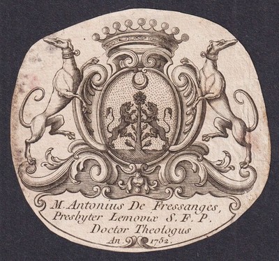 ExLibris Leonard De Fressange's Limousin Coat Of Arms Bookplate 18E Engraving