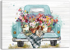 Old Truck with Flowers Farmhouse Rustic Style Decor Canvas Print Wall Art Bathro