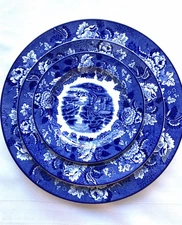WOOD & SONS English Scenery Woods Ware Blue White 3 Plates Dinner Salad Dessert