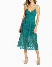 ASTR The Label Teal Floral Lace A-Line Midi Dress M cocktail wedding guest