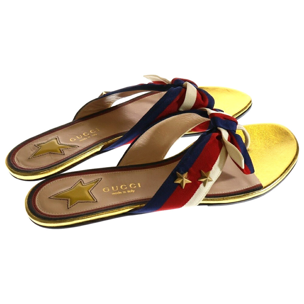 GUCCI Web Stripe Flat Sandals Gold Red Star Stud Sz US8 EU38 Women’s Shoes thumbnail 3