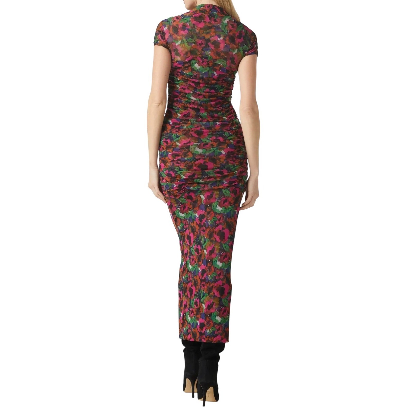 MISA Size S Los Angeles Marilyn Floral Ruched Midi Dress Jewel Tone Mesh Womens