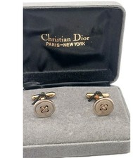 Christian Dior Cufflinks Gold Tone Button Style Vintage Mens Gift Boxed