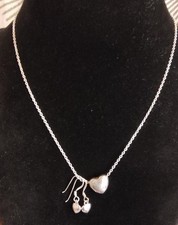 925 Silver Heart Jewelry Set  16" 1mm Cable Chain .5" Pendant Pierced .25" 4.5g