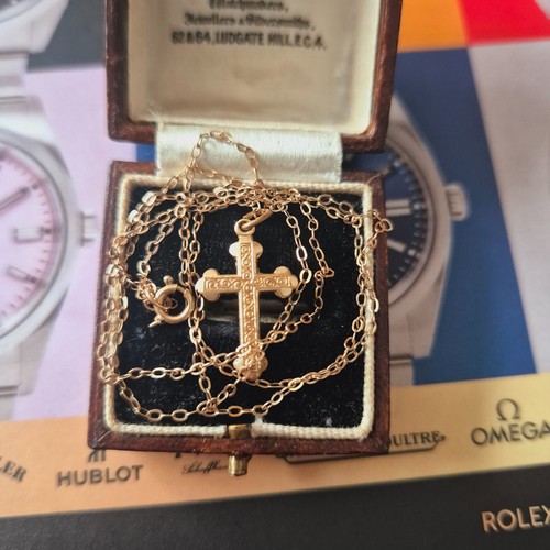 Vintage 9 kt Gold strukturierter Kreuz Anhänger & Kette - 20"