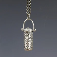 Antiqued Sterling Silver Scroll Ornate Small Cylinder Locket Prayer Box Pendant