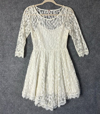 Free People Dress Womens 2 Ivory Lace Mini Fit & Flare 3/4 Sleeve Asymmetric Hem