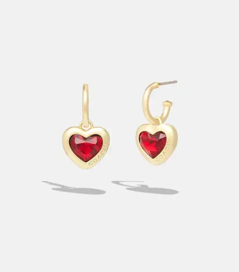 COACH HEART HUGGIE EARRINGS IN COLORS GOLD RED