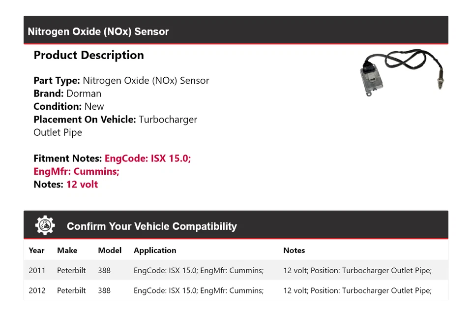 For 2011-2012 Peterbilt 388 Dorman Nitrogen Oxide (NOx) Sensor - Image 2 of 4