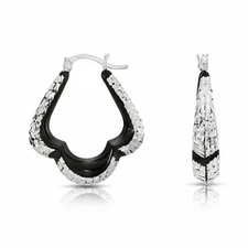 925 Solid Sterling Silver Shiny Black Diamond-Cut Hoops Earrings