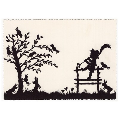 Artist postcard silhouette / a little boy plays flute for rabbits and birds