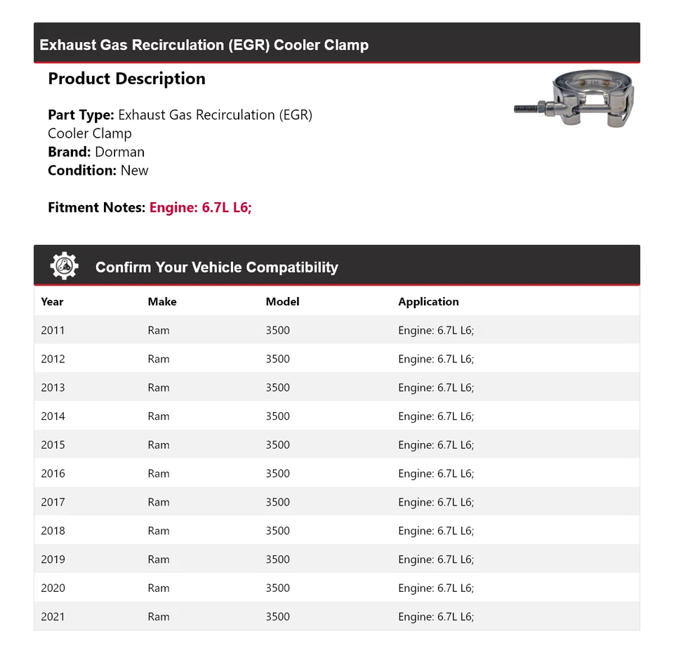 For 2011-2021 Ram 3500 6.7L L6 Dorman EGR Cooler Clamp 2012 2013 2014 2015 2016 - Image 2 of 4