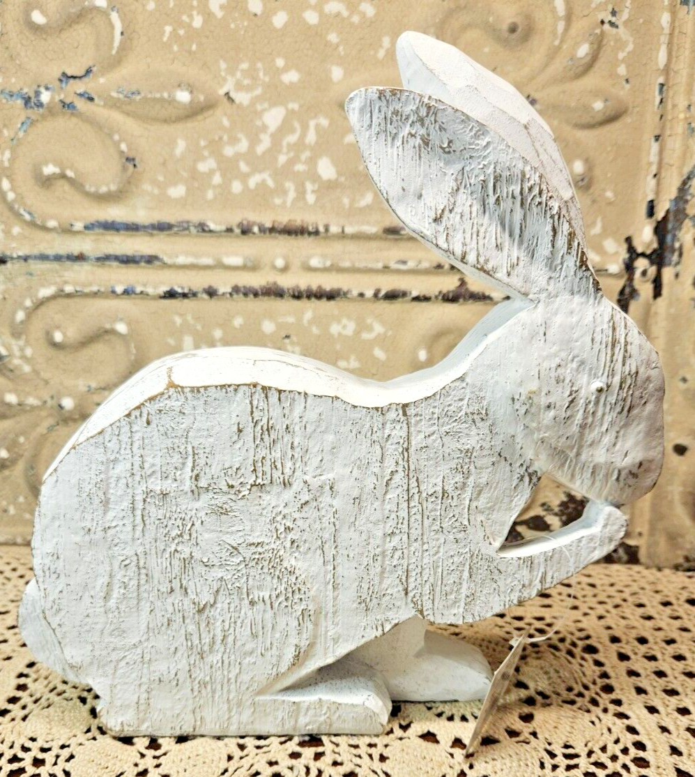 NWT Primitive White Distressed Bunny Rabbit Easter Spring Decor Carved ...