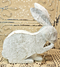 NWT Primitive White Distressed Bunny Rabbit Easter Spring Decor Carved Wood Look