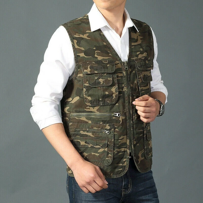 Mens Camouflage Vest Utility Waistcoat Multi Pocket Gilet Sleeveless Jacket