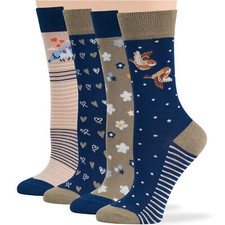 Women Bamboo Patterned Dress Crew Socks L 4 Pack Heart Birds Blue Khaki Beige