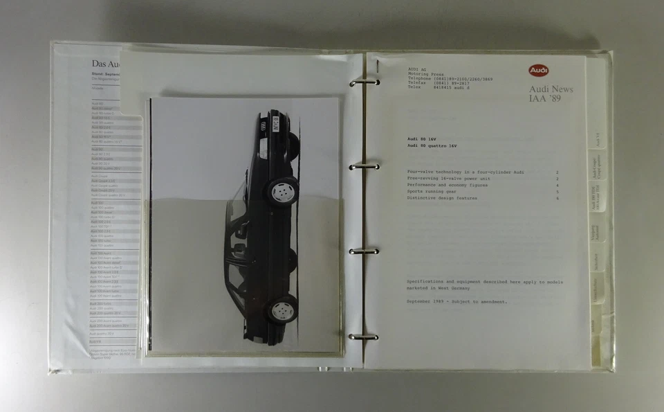 Pressemappe Audi 80 16V / Coupé 20V / 100 TDI inkl. V8 & Quattro Stand 09/1989 - Bild 4 von 4