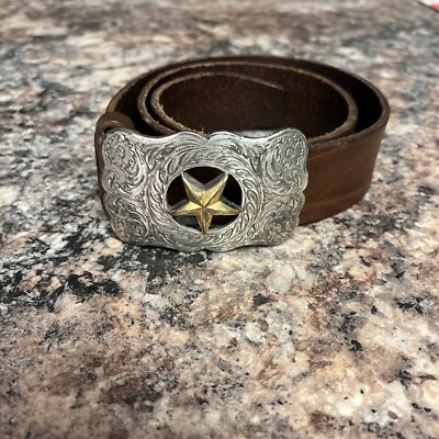 Fossil Leather Belt Silver Gold Western Buckle NEW FOSSIL AGED SILVER TONE BUCKLE,BLACK+GOLD+SILVER LEATHER  main image 4
