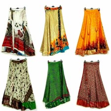 30 PC Vintage Silk Sari Magic Wrap Around Frill Skirt Dress Wholesale Lot Indian
