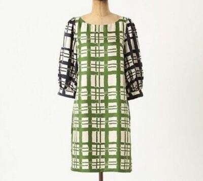 ANTHROPOLOGIE Dress Maeve 100% Silk Shift Green White Blue Plaid Broken Blocks
