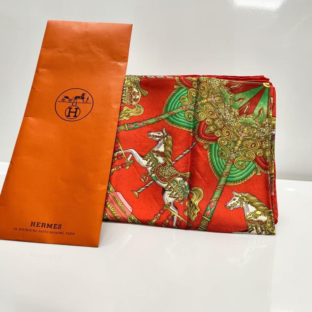 HERMES Carre 90 Luna Park Carousel Silk Scarf Red Green Gold Shawl Women's
