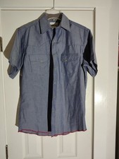 Wrangler Wrancher Shirt Mens M Blue Short Sleeve Western Pearl Snap Workwear EUC