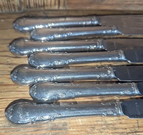 7 Vtg LUNT 8.75" STERLING Handle DINNER KNIVES MODERN VICTORIAN w/ French Blades