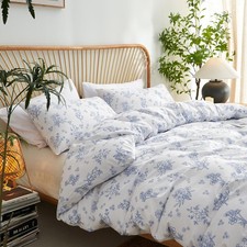 Blue Floral Duvet Cover Queen Size Cottagecore Flower Leaf Spring Comforter C...