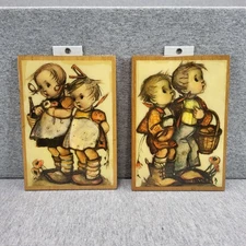 Pair of Hummel Goebel Wall Wood Plaques/Pictures--Boy & Girl/Apple Tree