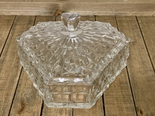 VTG Fostoria American Cubist Candy Dish Lid Covered Hexagon 3 Divided Sections