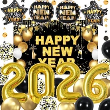 KALOR New Years Eve Party Supplies 2026 Set, 70 Pack - Gold and Black New Year B