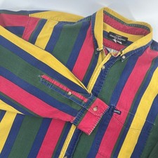 VTG Guess Georges Marciano M 90s Striped Denim Button Shirt Blue Yell Red RETRO