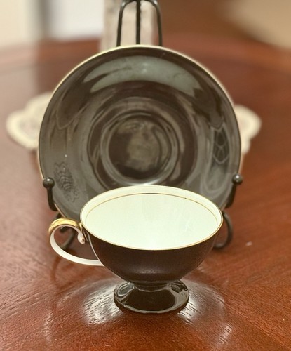 Taza y platillo de té Morimura vintage Noritake pintado a mano, negro, blanco, dorado - Imagen 7 de 8