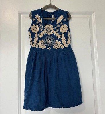 Roller Rabbit Girls Blue Dress with Cream Floral Embroidery  Size 8