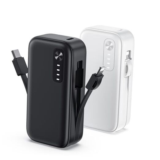 2-Pack 5000mAh Mini Portable Charger with Built-in Cables in Black and White
