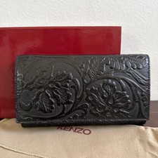 NEW in Original Box HTF RARE KENZO Black Leather Tooled Floral Long Wallet