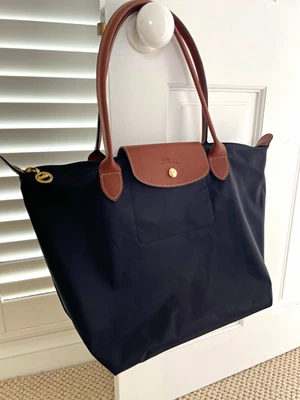 Longchamp Le Pliage Large Black Nylon/Leather Tote Bag Zip & Snap Brown Strap