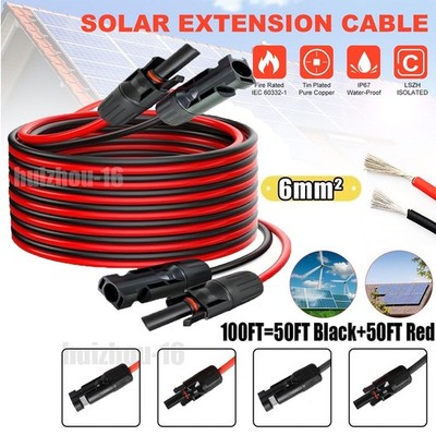100FT 10 AWG Solar Panel Extension Cable PV Wire Solar Connectors Pair 6mm²