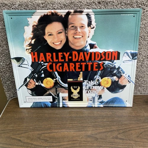 NOS 21.5 x 17.5 Vintage Harley Davidson Sign Cigarettes Metal Tin Lorillard USA