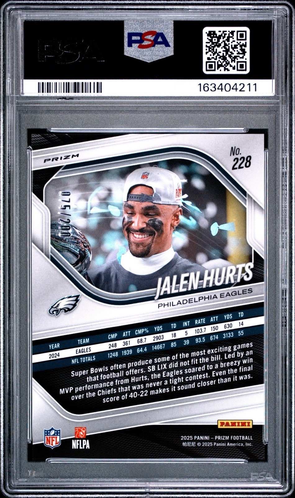 2025 Panini Prizm Jalen Hurts #228 Hyper Prizm /200 PSA 10 Super Bowl Trophy view 2
