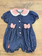 Toddler Vtg Girls Denim Cotton Romper Bubble One-Piece Sz 4 Short Sleeve Flowers